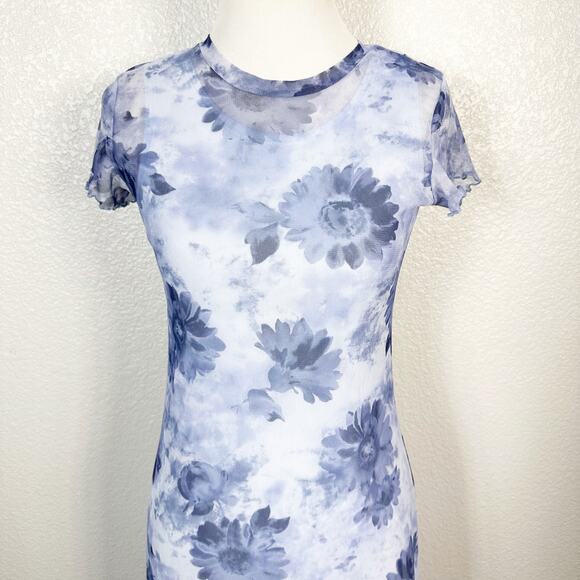 Hana 90s Y2K Vintage Sheer Mesh Overlay Floral Print T Shirt Midi Dress Blue S - Picture 2 of 12